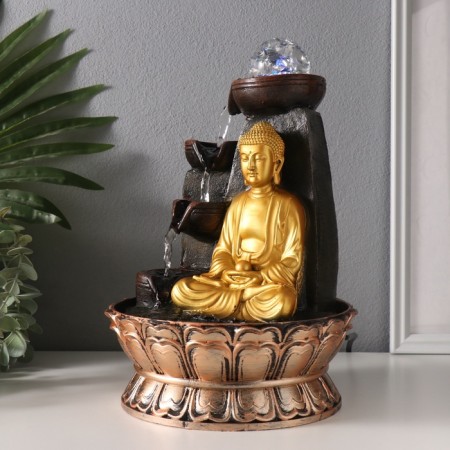 The desktop fountain from the network, the backlight "Buddha at the cliff with bowls" gold 20x20x30 cm-3