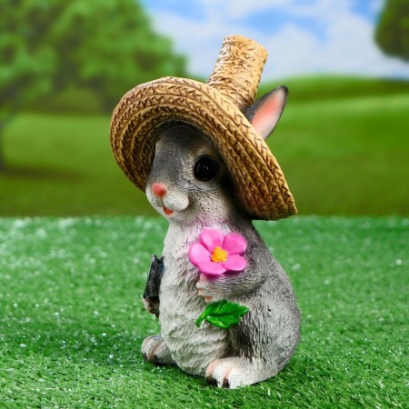 Garden figure "Bunny in a straw hat with a flower" 12x13x22cm-1