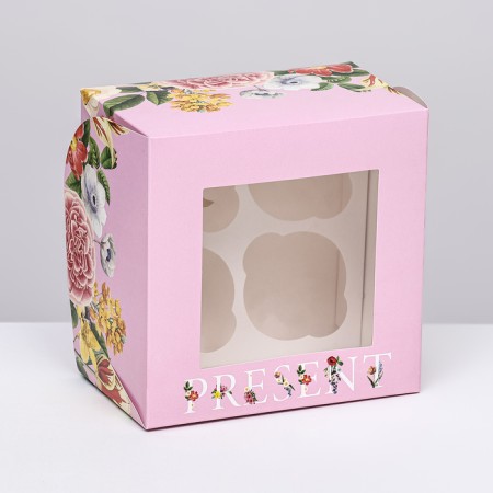 Box for 4 cupcakes with a window, "Present", 16 x 16 x 10 cm