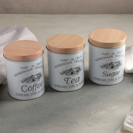 A set of cans for bulk products Sugar.coffee.tea, 10.5 × 14 cm, 3 pcs, white color