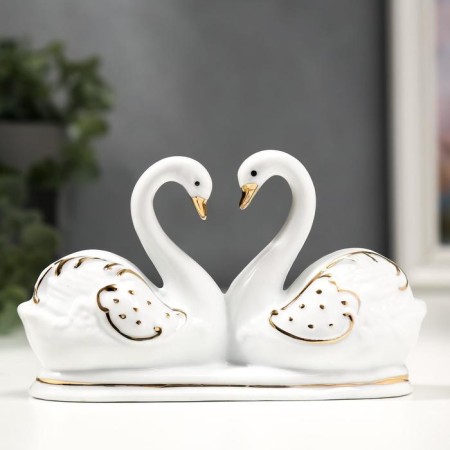 Souvenir ceramics "Two white swan in a pond" with gold, rhinestones 14 cm-3