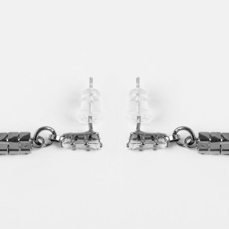Hanging earrings with rhinestones "drops" shine, white-black color in gray metal, 11 cm-2