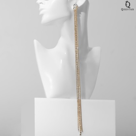 Hanging earrings with rhinestones "Waterfall" oval 3 threads, white color in gold, 32 cm-1