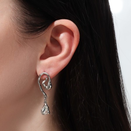 Hanging earrings with rhinestones “Star” with a spiral, white color in silver, 6.5 cm-2