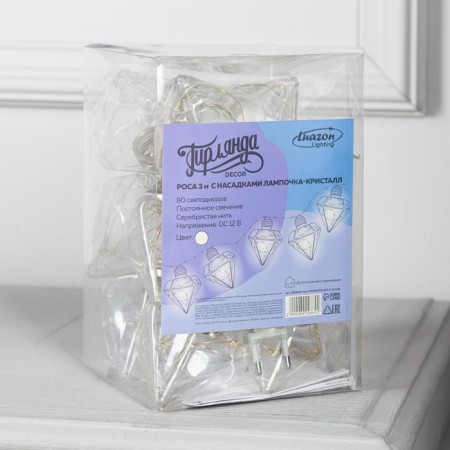 Garland “thread” 3 m with nozzles “Crystal bulbs”, IP20, transparent thread, 80 LED, white glow, 8 modes, 220 V-4