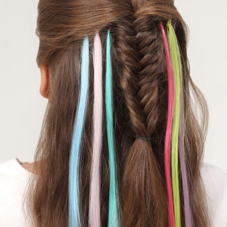 A set of curls, straight hair, on invisible, 32 cm, 6 strands, fluorescent, multi -colored-2