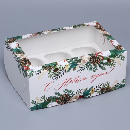 The folding box is 6 cupcakes with the Vetochka window, 25 x 17 x 10 cm, New Year-1