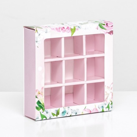 Box for 9 sweets with a shell, "flowers" 13.8 x 13.8 x 3.8