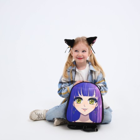 School textile backpack with ears on the hairpins "Anime", 27x23 cm, black/purple-15