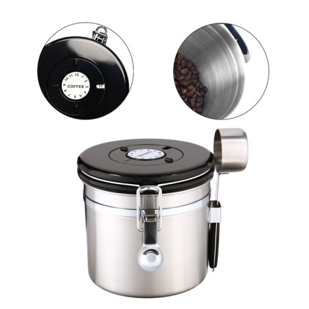 A sealed container for storing ground coffee and coffee beans, 1.2 l, 12 x 12 cm, gray