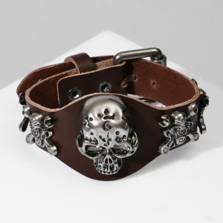 Bracelet Skin "Skull" Gothic, dark brown color with black silver, 25.5 cm-2