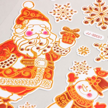 Plastic sticker "Santa Claus and Snowman under the snowflakes" golden red 17x27 cm-2