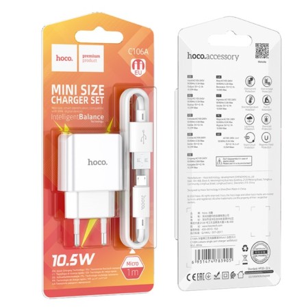 Network charger HOCO C106A, 1 USB, 2.1 A, Micro USB -USB, 1 m, white cable-8