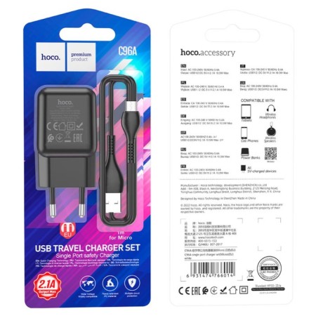 Network charger Hoco C96a, 1 USB, 2.1 A, Micro USB -USB, 1 m, black cable-3