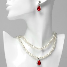 Set 2 objects: earrings, Katrin necklace red insert, white color in silver, 45 cm
