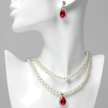 Set 2 objects: earrings, Katrin necklace red insert, white color in silver, 45 cm