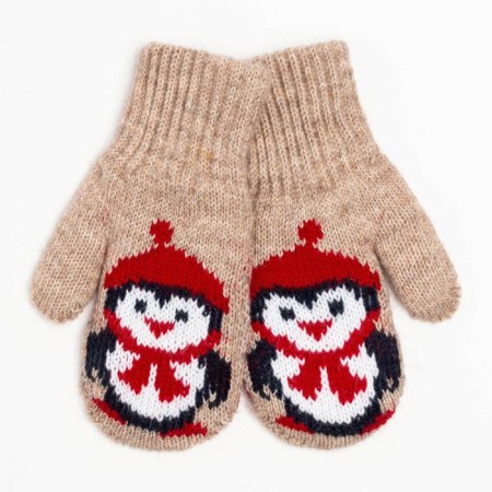 New Year. Double children's mittens, beige color/penguin, size 14 (6-9 years)