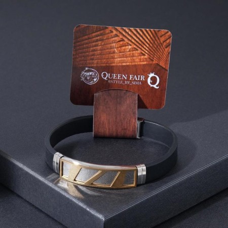 Bracelet male "style" rectangle with carved, black color with silver-gold, 22 cm-2