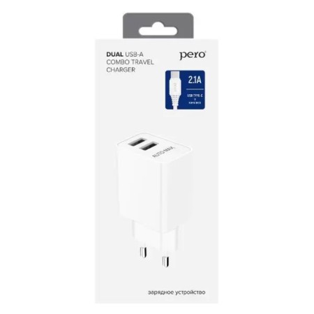 Network charger PERO TC02, 2 USB, 2.1 A, Type-C cable, white-2
