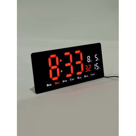 Electronic wall clock, thermometer calendar, 36.2 x 15.5 cm, red numbers 10 x 4.5 cm 1076627-1