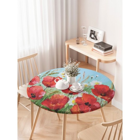 The tablecloth “composition with poppies and daisies”, round, oxford, elastic band, size 120x120 cm, diameter 75-100 cm-2