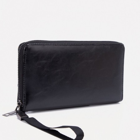 Male purse with zipper, department for bills, for maps, for coins, black color