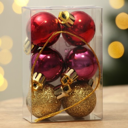 Christmas tree balls New Year, for the New Year, plastic, d = 3 cm, 6 pcs., Gold, wine and red color-2