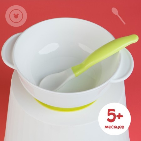 A set of children's dishes "Friends", 3 objects: a plate on a suction cup, cover, spoon, green color-6