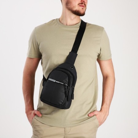 Male sling bag from textiles, headphone opening, gray color-8