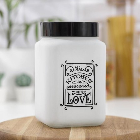 Glass Bank for bulk products "Love in the kitchen", 1.5 l, white color