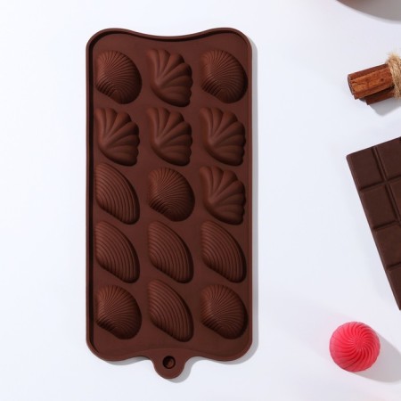 Form for chocolate of the “shells”, silicone, 22 × 10.5 × 1 cm, 15 cells (2.7 × 3.4 cm), brown color