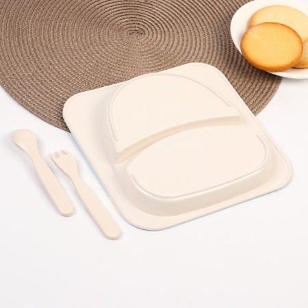 A set of children's bamboo dishes, 3 objects: plate, fork, spoon, me to you-3