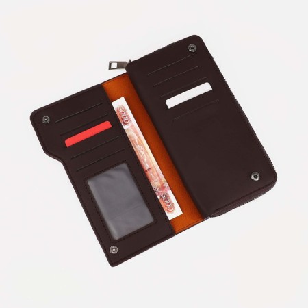 Male purse with lightning, department for bills, for cards, for coins, brown color-2