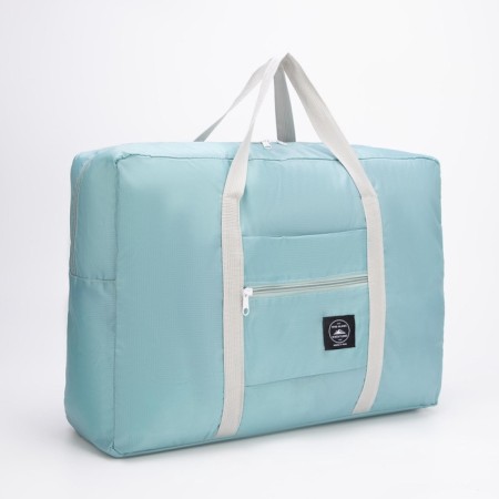 The bag is trail, folding in a cosmetic bag, a lightning department, a suitcase holder, external pocket, blue color
