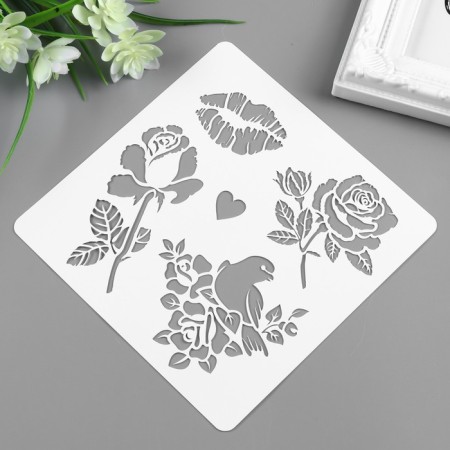 Stencil plastic "Flowers, bird, kiss" 15x15 cm-1