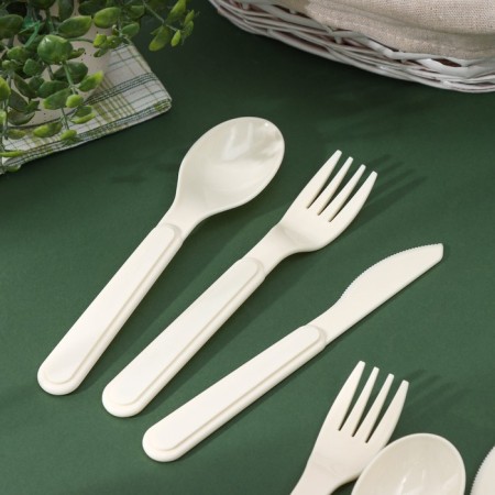 A set of cutlery for 2 people, 6 items: 2 forks, 2 spoons, 2 knives, beige color-1