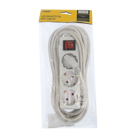 Extension cord Luazon Lighting, 3 sockets, 5 m, 10 A, 2200 W, 3x1.5 mm2, with salary, with off., B-2