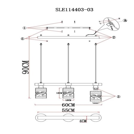 Suspended EVOLUCE lamp. Sle114403-03. Abiritto. 3x60 watts, E27, 60x10x20.5 cm, black color, dark tree-8