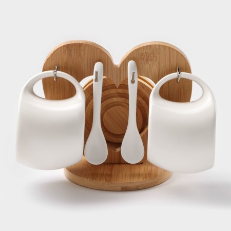 Tea ceramic tea on a wooden stand “Estet”, 6 objects: 2 cups 200 ml, 2 stands 9.5 cm, 2 spoons, white color