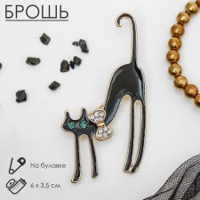 Брошь "Кошка грациозная с бантиком", цвет чёрный в золоте