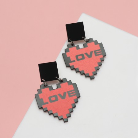 Acrylic Earrings One Love, black pink color in silver-1