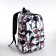 A backpack with a zipper, 3 outer pockets, black/red color
