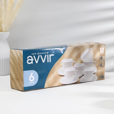 Tea service Avvir Carve, 12 items: 6 cups 190 ml, 6 saucers, glass ceramics, white color-4
