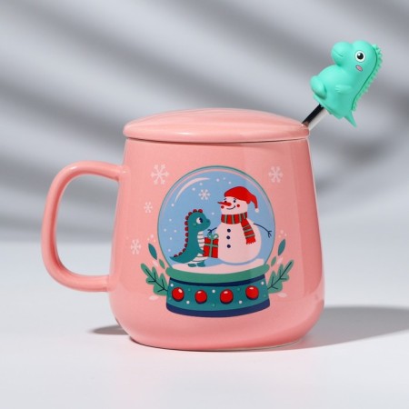 Ceramic mug with a spoon “Happy New Year!”, 350 ml, pink color-8