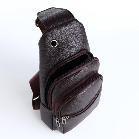 Male sling bag, artificial leather, headphone opening, brown color-6