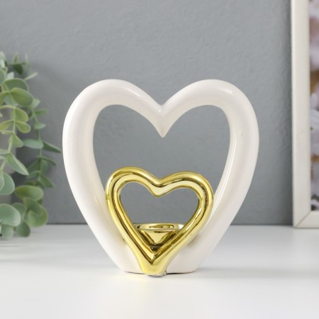 Ceramics candlestick for 1 candle "heart" white with gold 12.7x5.5x12.2 cm-1