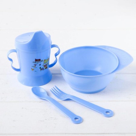 A set of children's dishes, 4 items: bowl, spoon, fork, chip with solid nose 200 ml, MIX color-1