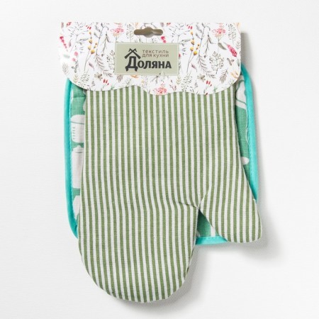 Set of shade, mittens+grabbit green strip/kitchen, 100%PE, mobbled 200 g/m-2