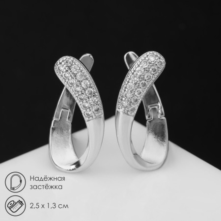 Earrings with rhinestones "Magic" curl, white color in silver