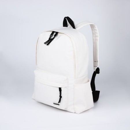 A backpack with a zipper, 4 outer pockets, white color